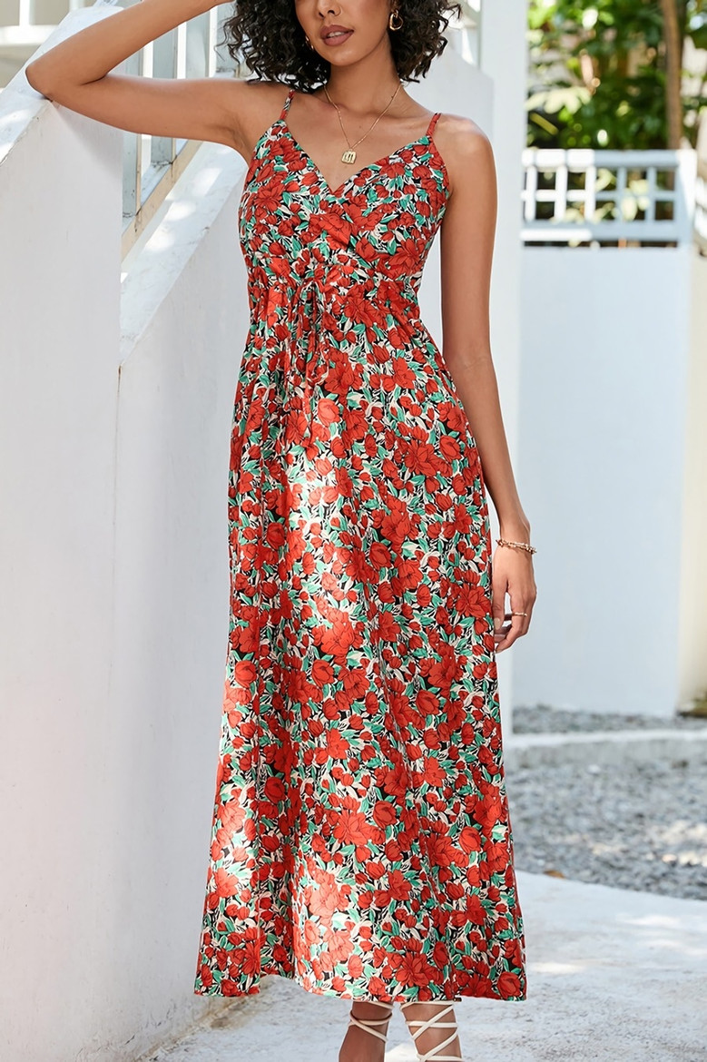 S-2Xl Plus Size Summer Floral Batch Printing Inelastic V-Neck Tie-Waist Retro Spaghetti String Midi Dress