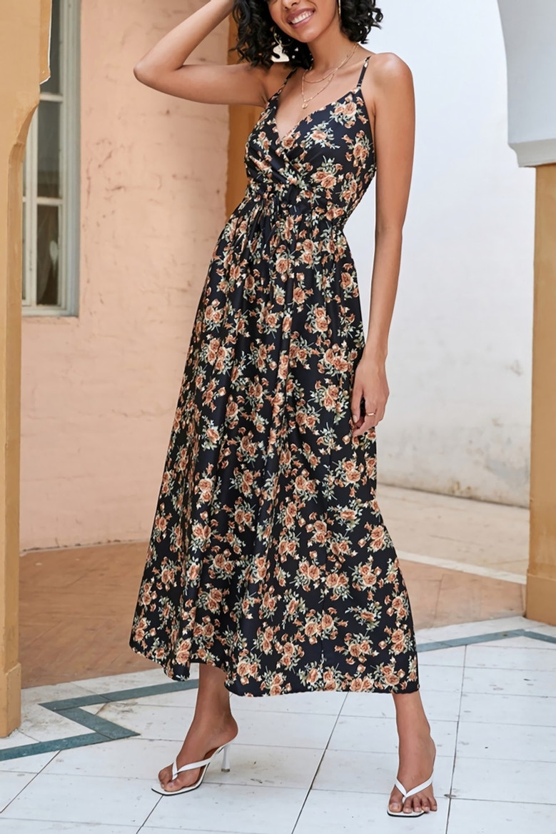 S-2Xl Plus Size Summer Floral Batch Printing Inelastic V-Neck Tie-Waist Retro Stylish Spaghetti String Midi Dress