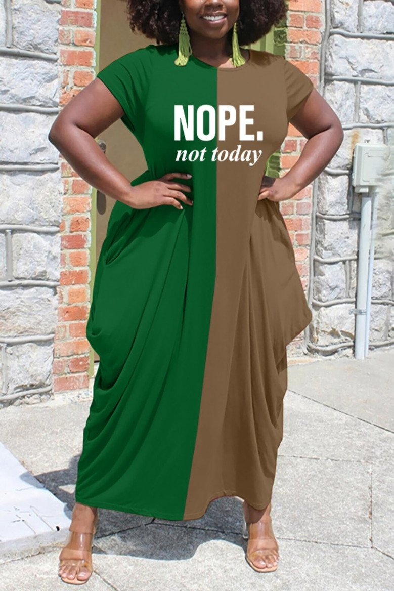 S-2Xl Plus Size Summer New 5 Colors Contrast Color Letter Fixed Printing Stretch Crew Neck Short Sleeve Loose Stylish Casual Maxi Dress