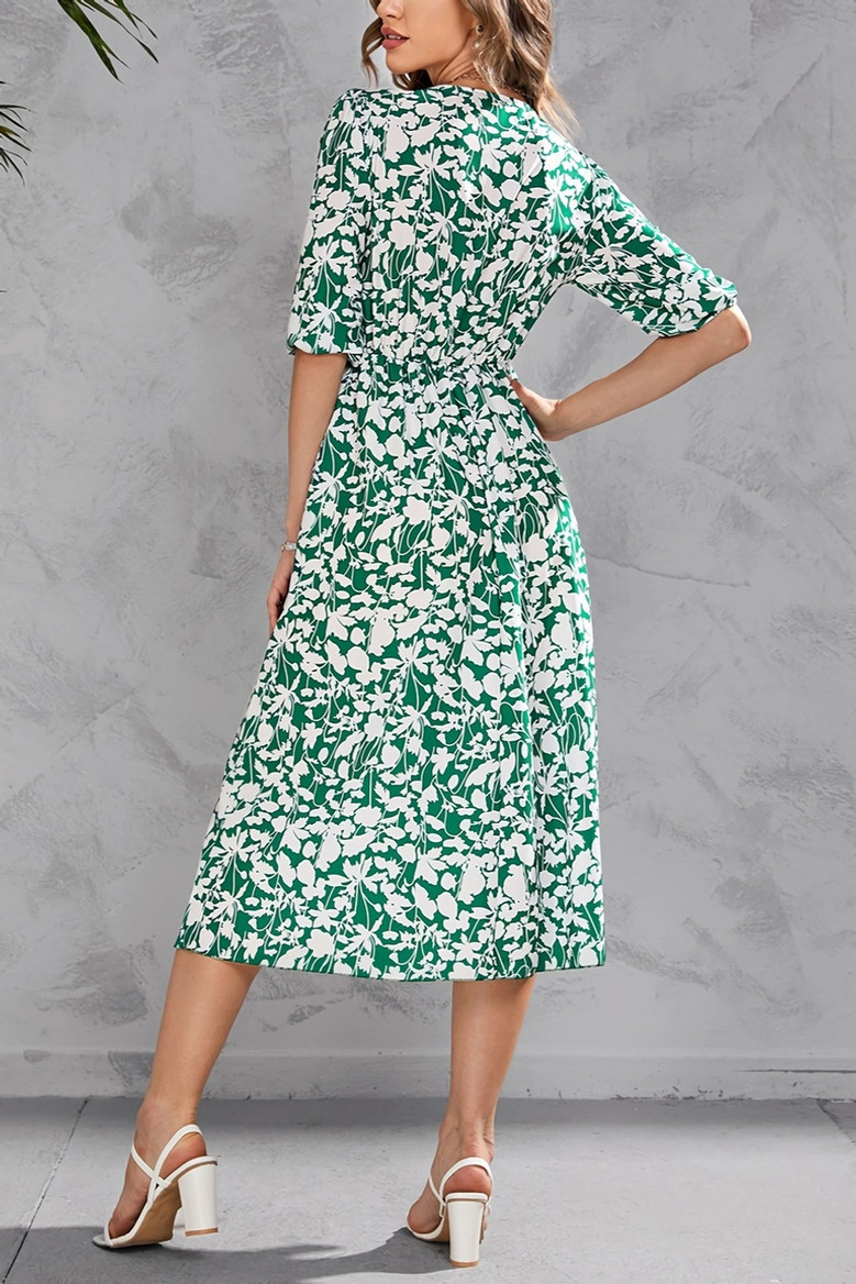 S-2Xl Plus Size Summer New Flower Batch Printing Inelastic Elbow Sleeves V-Neck Split Casual Midi Dress