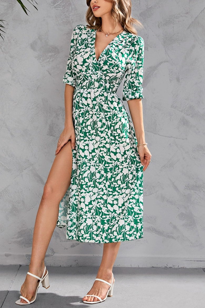 S-2Xl Plus Size Summer New Flower Batch Printing Inelastic Elbow Sleeves V-Neck Split Casual Midi Dress