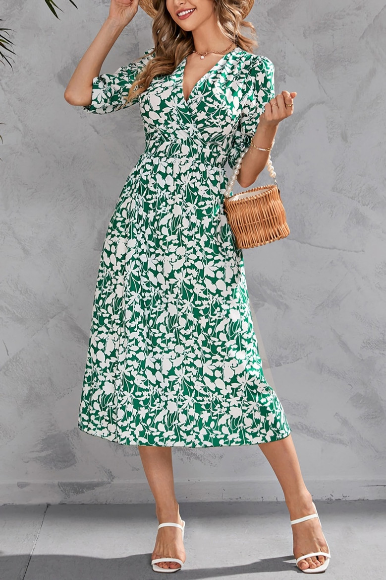 S-2Xl Plus Size Summer New Flower Batch Printing Inelastic Elbow Sleeves V-Neck Split Casual Midi Dress