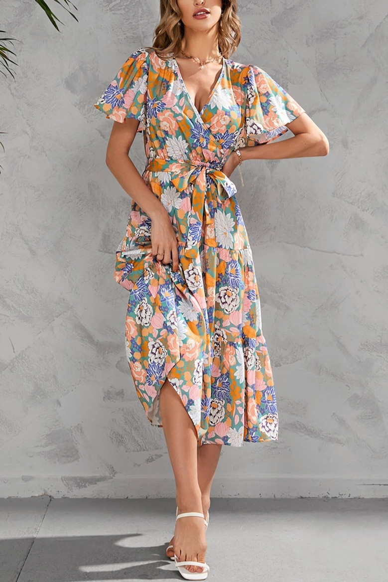 S-2Xl Plus Size Summer New Flower Batch Printing Inelastic V-Neck Short Sleeves With Belt Casual Midi Dress