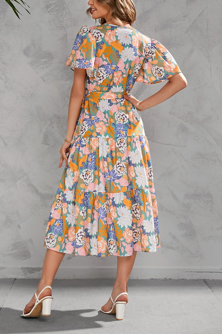 S-2Xl Plus Size Summer New Flower Batch Printing Inelastic V-Neck Short Sleeves With Belt Casual Midi Dress