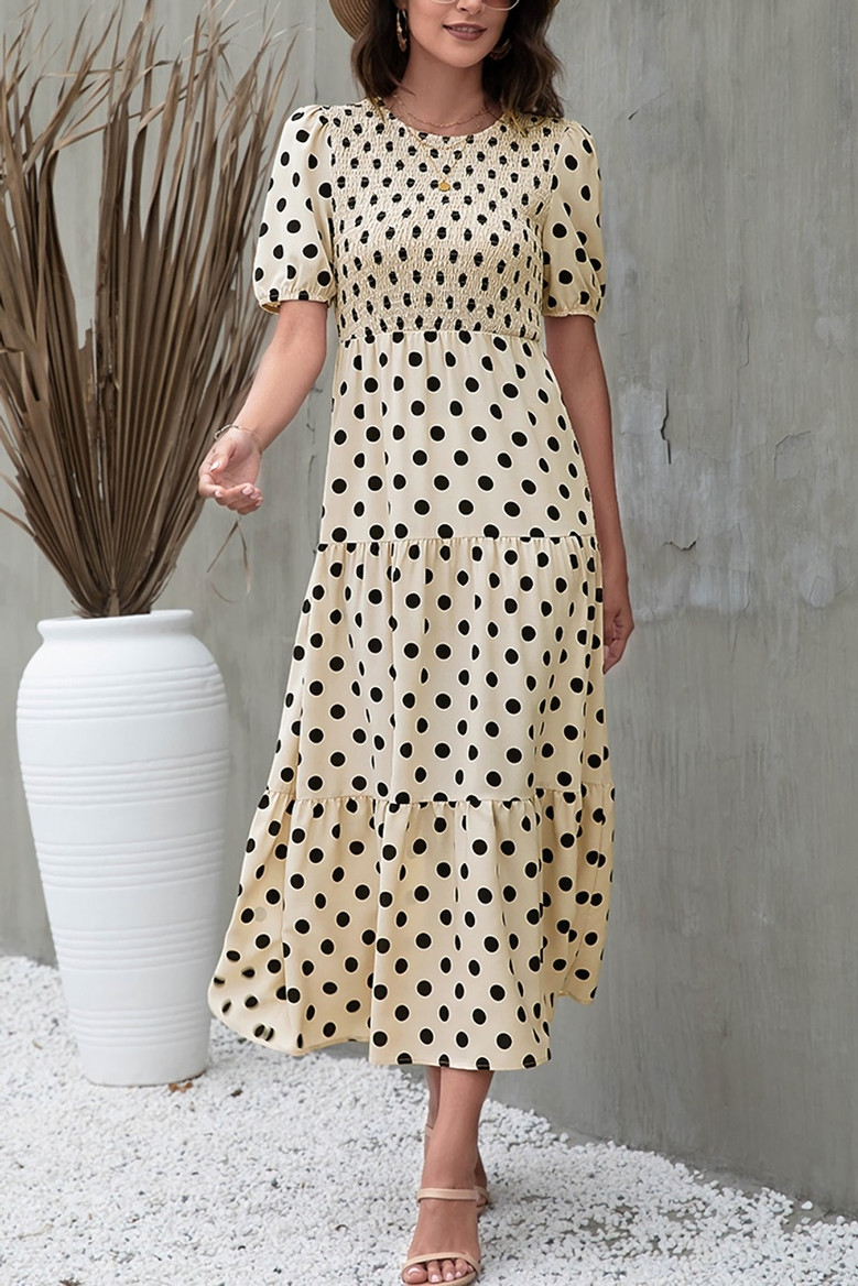 S-2Xl Plus Size Summer New Stylish 3 Colors Inelastic Polka Dot Printing Crew Neck Hollow Lace-Up Casual Midi Dress