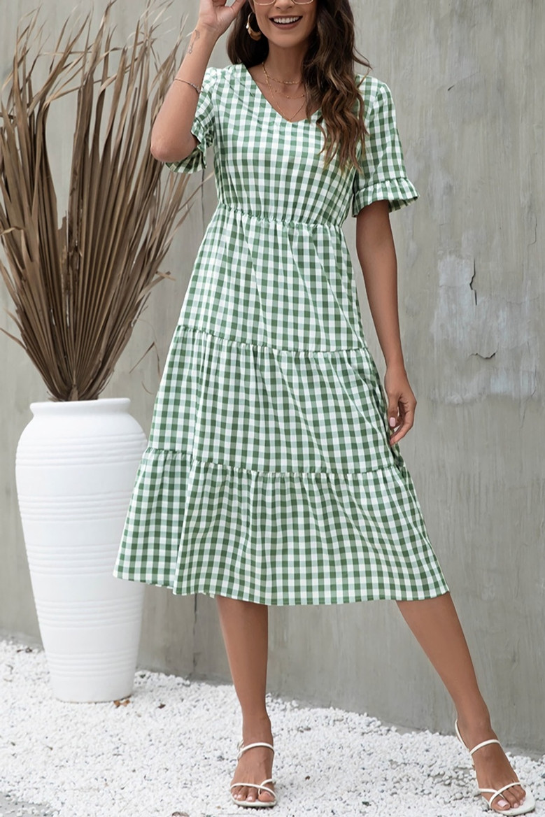 S-2Xl Plus Size Summer New Stylish 4Colors Plaid Printing Inelastic Short Sleeves Casual Midi Dress