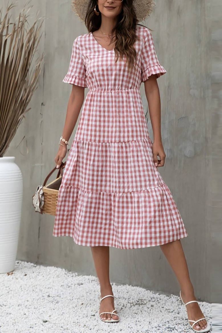 S-2Xl Plus Size Summer New Stylish 4Colors Plaid Printing Inelastic Short Sleeves Casual Midi Dress