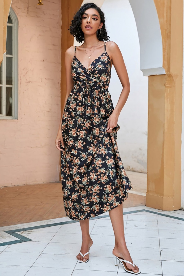 S-2Xl Plus Size Summer New Stylish Floral Batch Printing Inelastic Sling Backless Casual Midi Dress