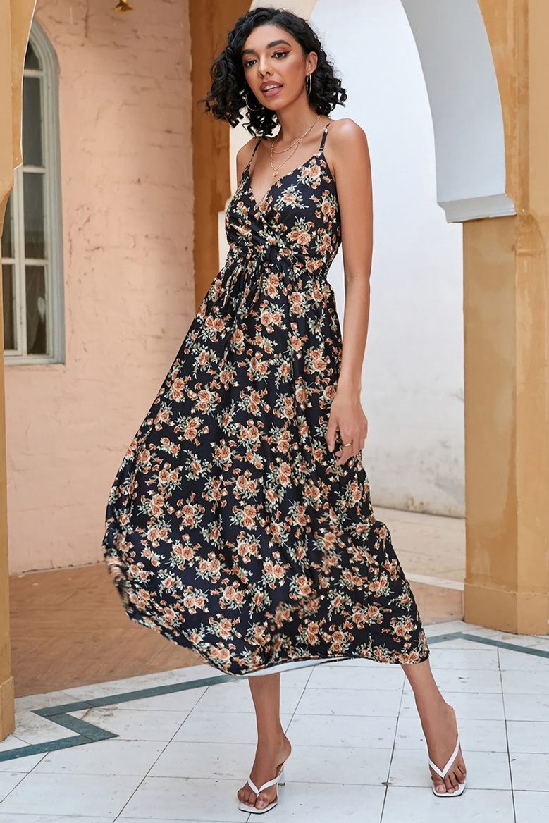 S-2Xl Plus Size Summer New Stylish Floral Batch Printing Inelastic Sling Backless Casual Midi Dress
