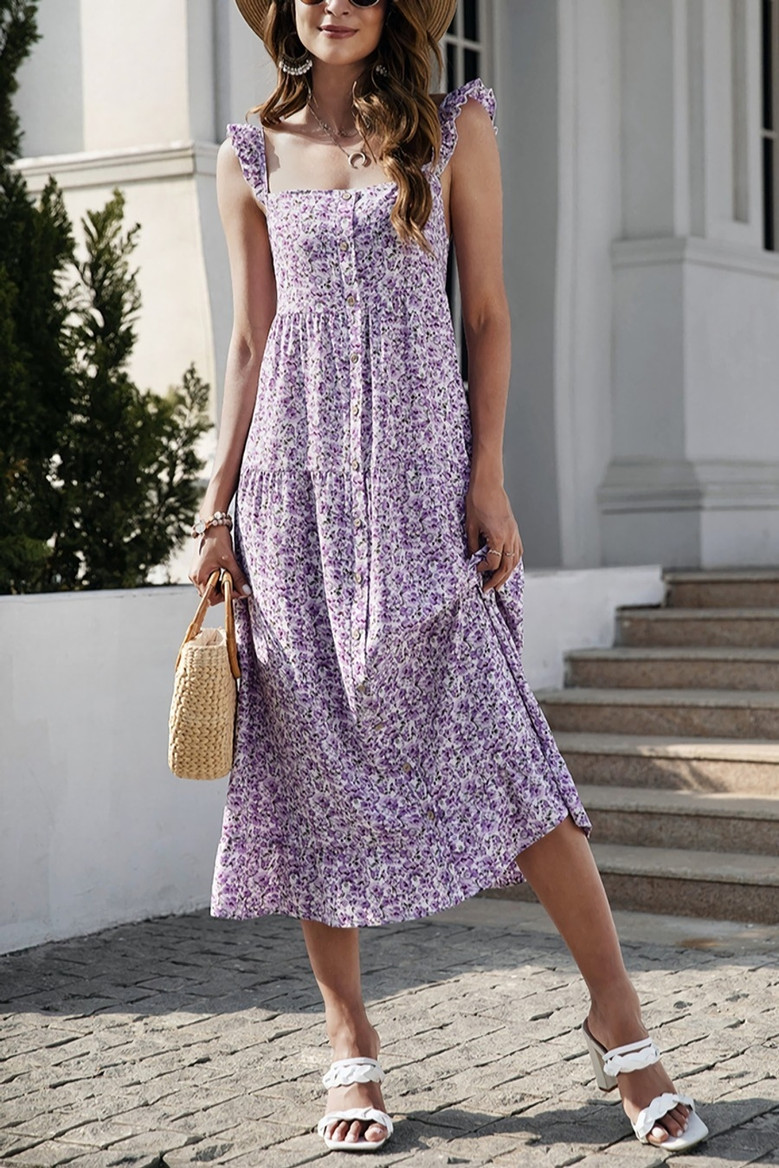S-2Xl Plus Size Summer New Stylish Floral Batch Printing Inelastic Sling Backless Single-Breasted Casual Midi Dress