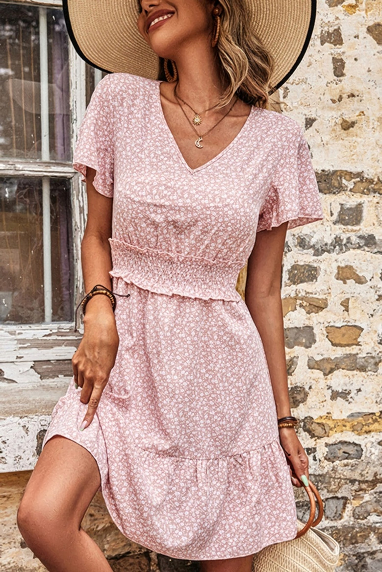 S-2Xl Plus Size Summer New Stylish Floral Batch Printing Stretch V-Neck Button Casual Mini Dress