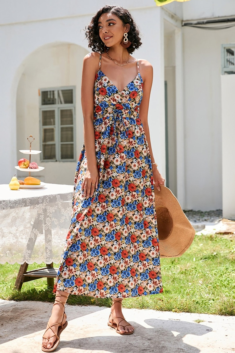 S-2Xl Plus Size Summer New Stylish Flower Batch Printing Inelastic Sling Backless Casual Midi Dress