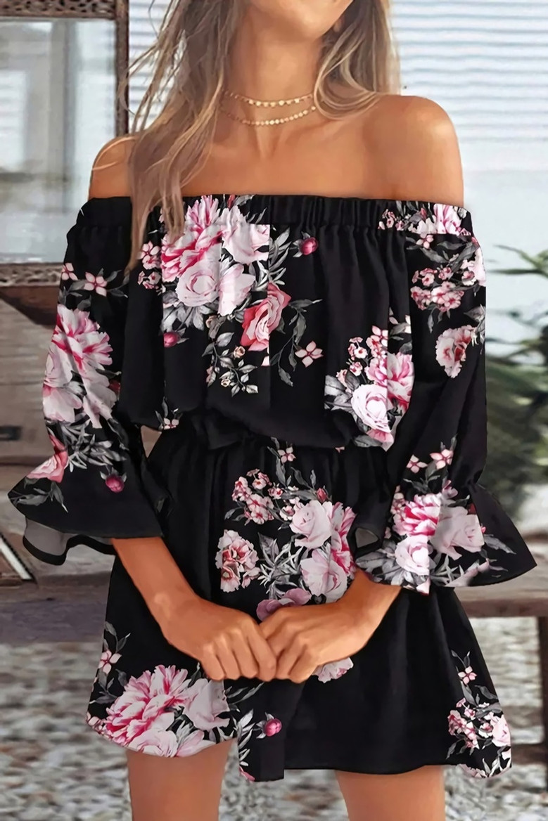 S-2Xl Plus Size Summer New Stylish Flower Printing Stretch Off-The-Shoulder Lantern Sleeves Casual Mini Dress Dresses