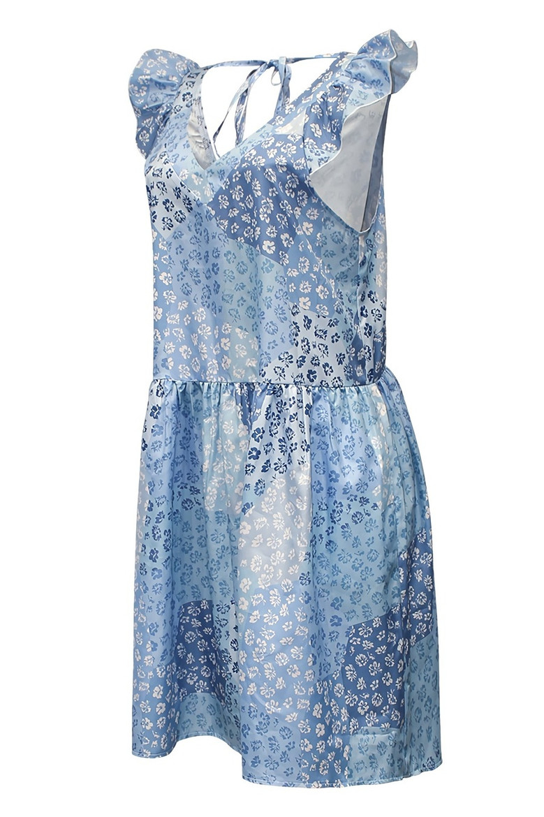 S-2Xl Plus Size Summer New Stylish Inelastic Floral Batch Printing Contrast Color Spliced Lace-Up Pockets Casual Mini Dress