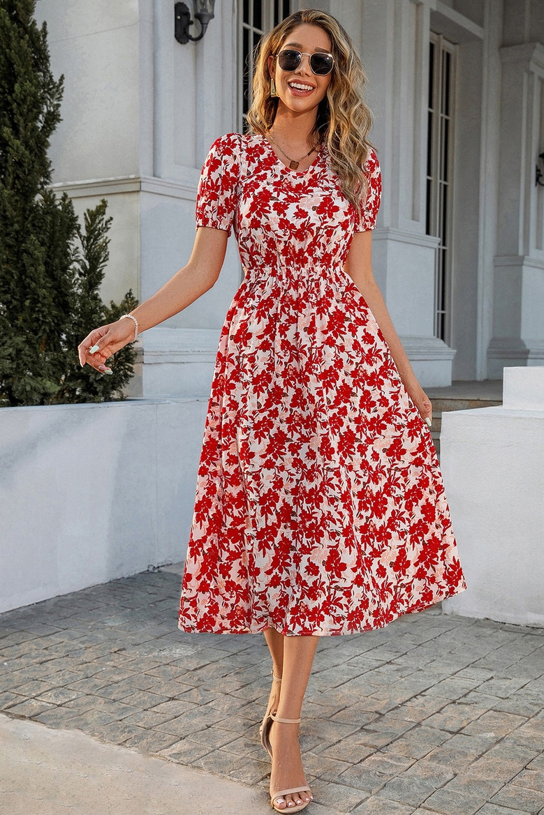 S-2Xl Plus Size Summer New Stylish Inelastic Floral Batch Printing Hollow Lace-Up Backless Sexy Midi Dress