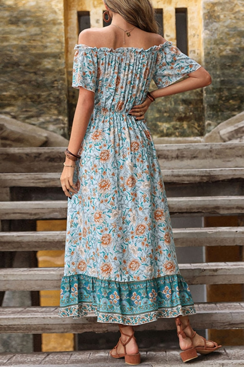 S-2Xl Plus Size Summer New Stylish Inelastic Flower Batch Printing Off-The-Shoulder Split Single-Breasted Casual Midi Dress