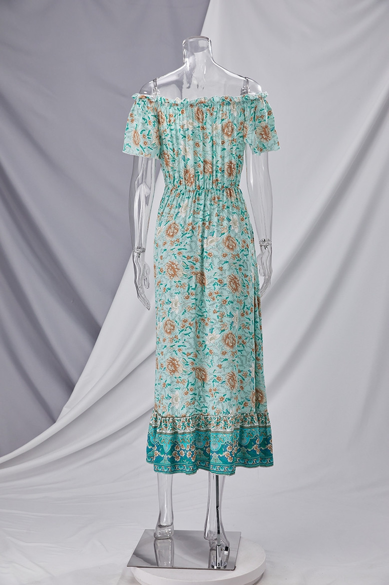 S-2Xl Plus Size Summer New Stylish Inelastic Flower Batch Printing Off-The-Shoulder Split Single-Breasted Casual Midi Dress