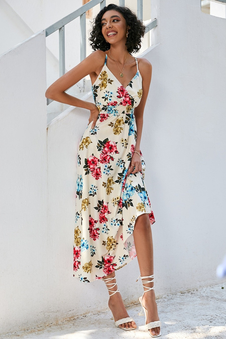 S-2Xl Plus Size Summer New Stylish Inelastic Flower Batch Printing Sling Backless Casual Midi Dress