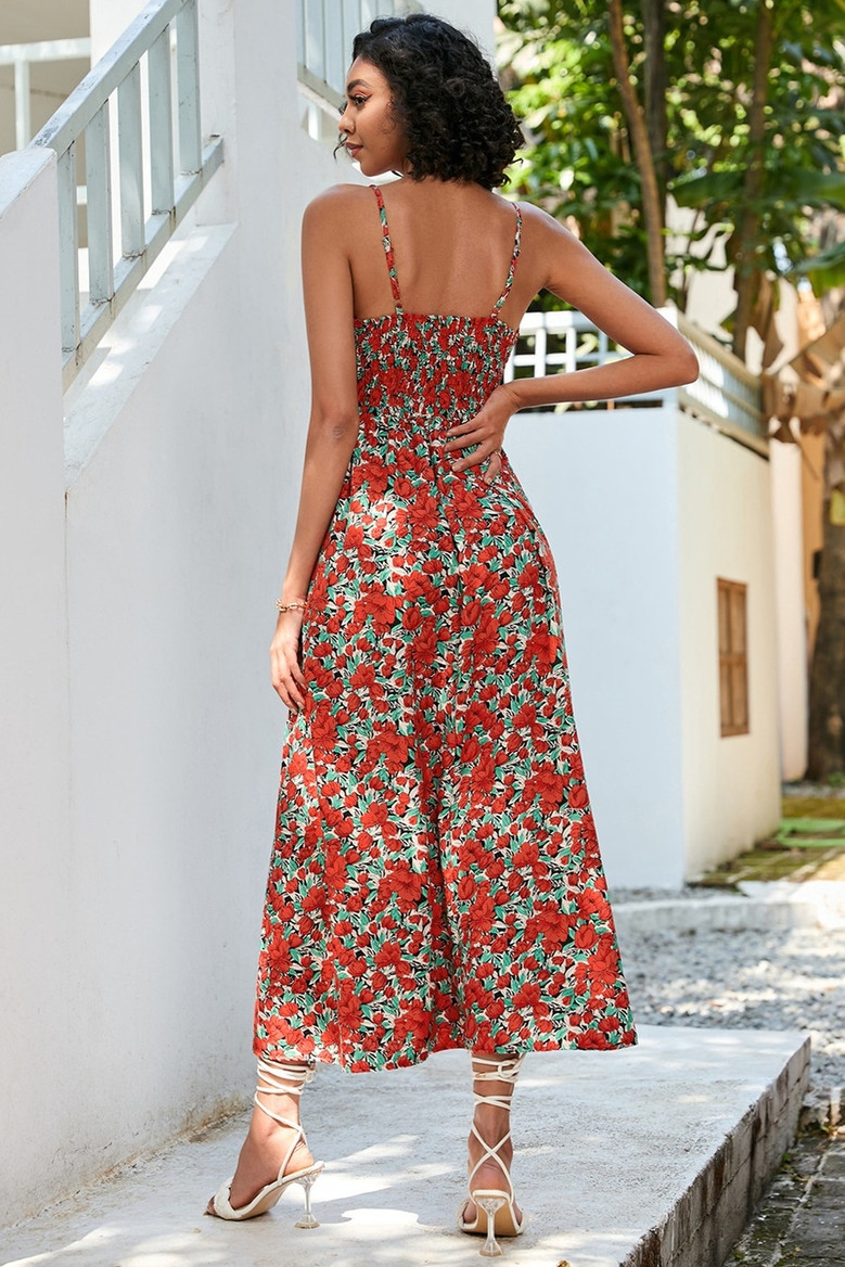 S-2Xl Plus Size Summer New Stylish Inelastic Flower & Leaf Batch Printing Sling Casual Midi Dress