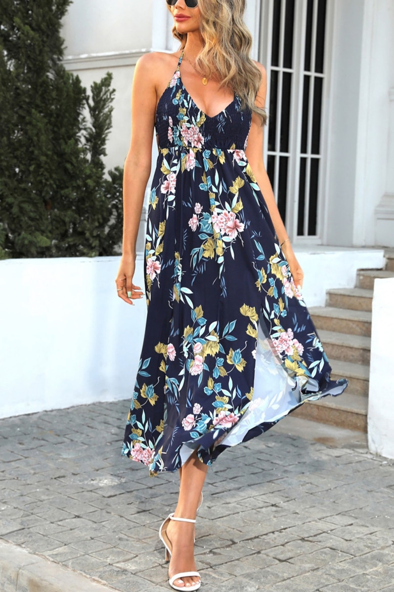 S-2Xl Plus Size Summer New Stylish Inelastic Flower Printing Halter-Neck Lace-Up Backless Split Sexy Midi Dress