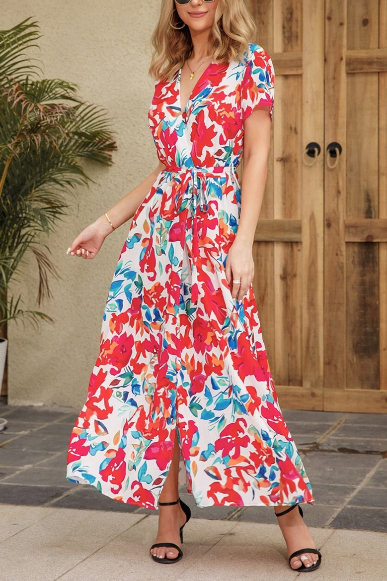 S-2Xl Plus Size Summer New Stylish Inelastic Leaf & Flower Printing V-Neck With Belt Split Casual Maxi Dress