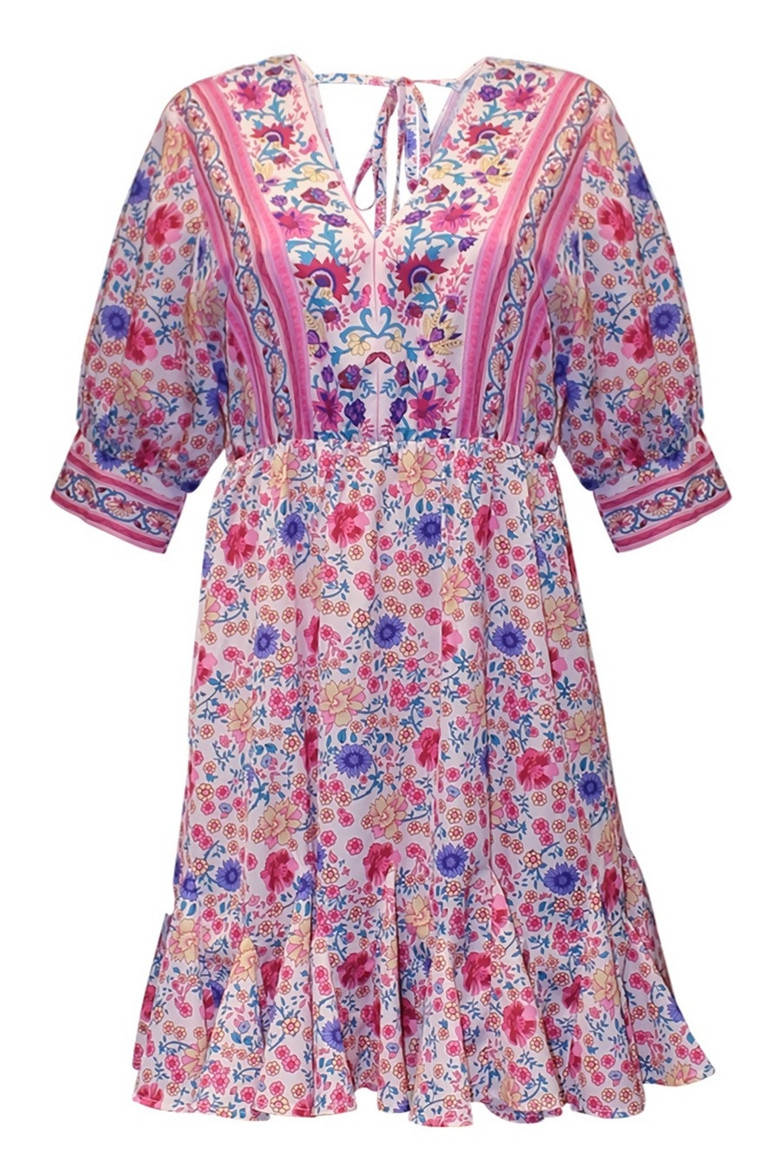 S-2Xl Plus Size Summer New Stylish Micro Elastic Floral Batch Printing V-Neck Lace-Up Casual Mini Dress