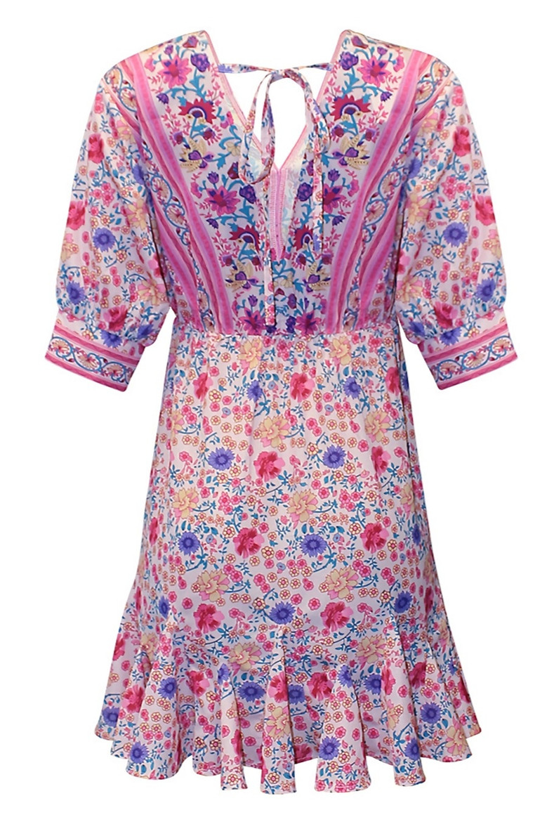 S-2Xl Plus Size Summer New Stylish Micro Elastic Floral Batch Printing V-Neck Lace-Up Casual Mini Dress
