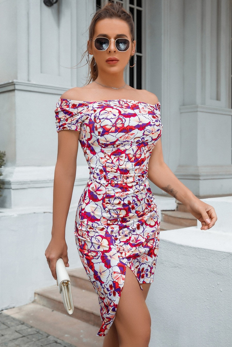 S-2Xl Plus Size Summer New Stylish Micro Elastic Flower Batch Printing Off-The-Shoulder Split Slim Sexy Mini Dress