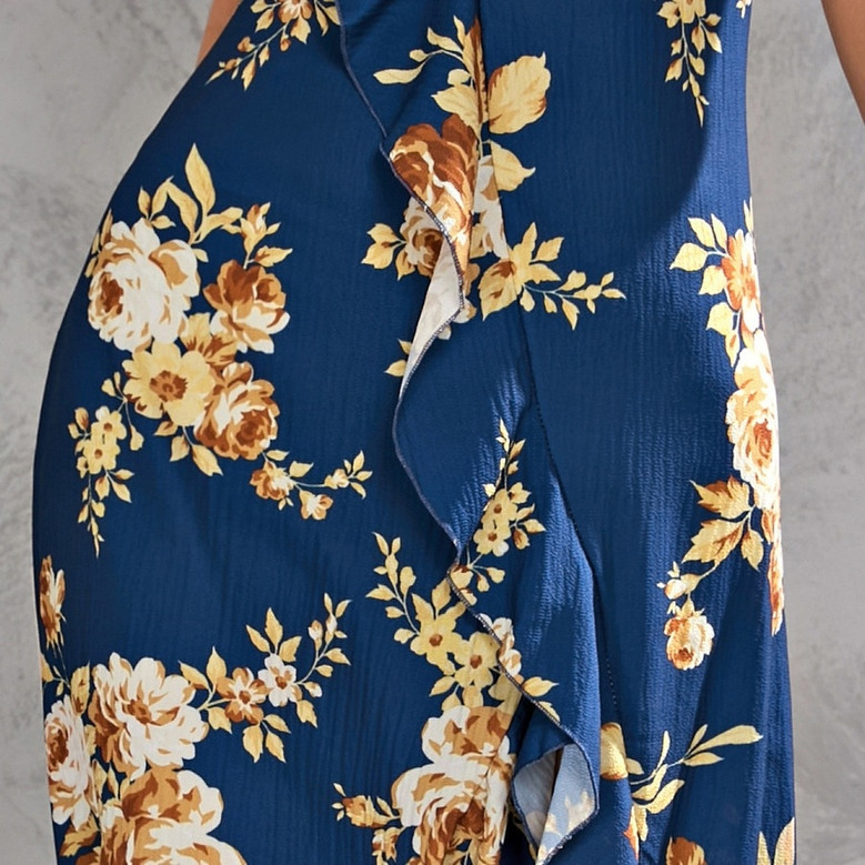 S-2Xl Plus Size Summer New Stylish Micro Elastic Flower Batch Printing Ruffle Sling Backless Lace-Up Zip-Up Split Sexy Midi Dress