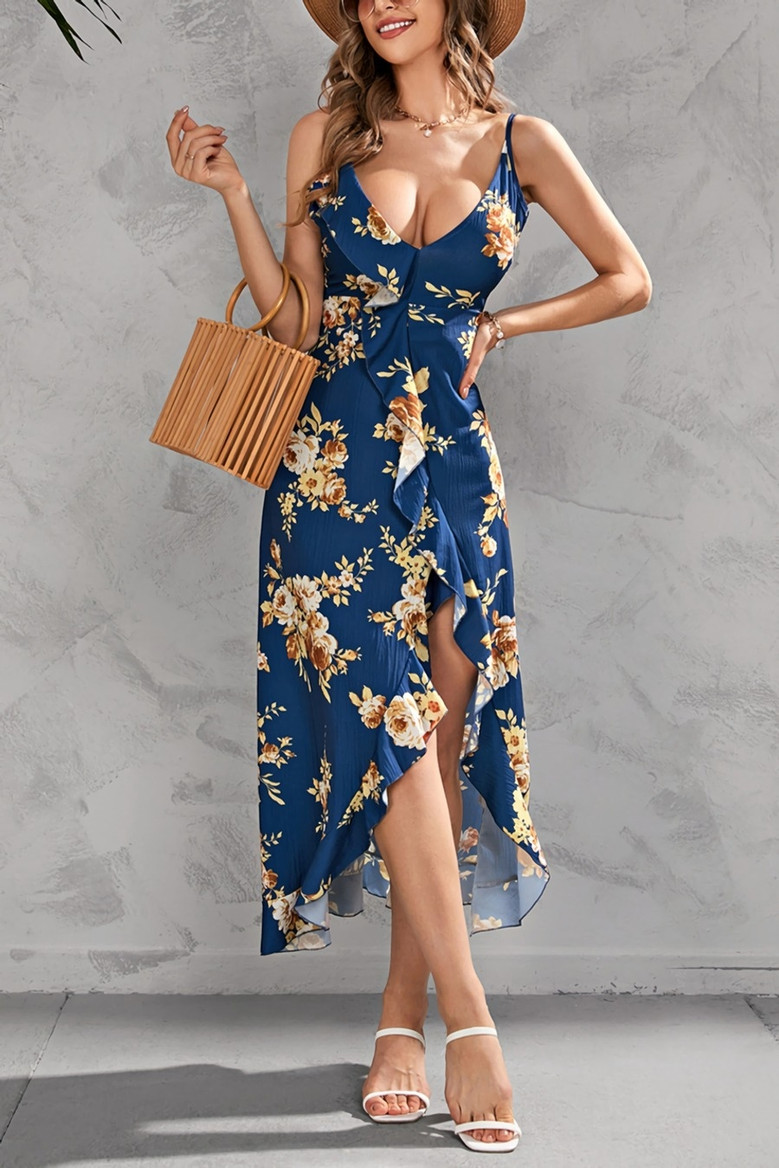 S-2Xl Plus Size Summer New Stylish Micro Elastic Flower Batch Printing Ruffle Sling Backless Lace-Up Zip-Up Split Sexy Midi Dress