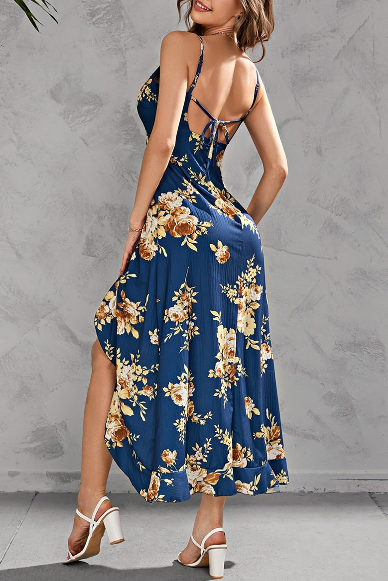 S-2Xl Plus Size Summer New Stylish Micro Elastic Flower Batch Printing Ruffle Sling Backless Lace-Up Zip-Up Split Sexy Midi Dress