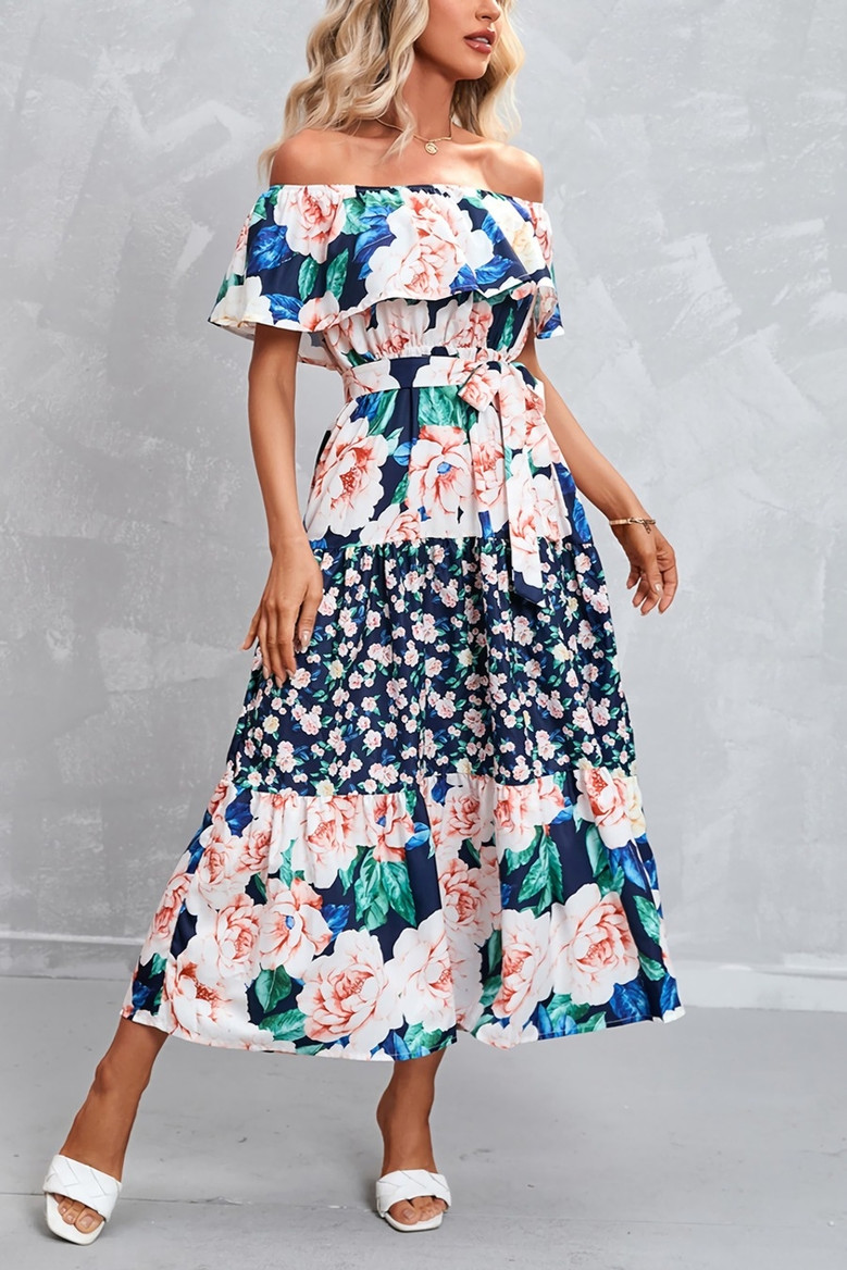 S-2Xl Plus Size Summer New Stylish Micro Elastic Off-The-Shoulder Ruffle With Belt Casual Midi Dress