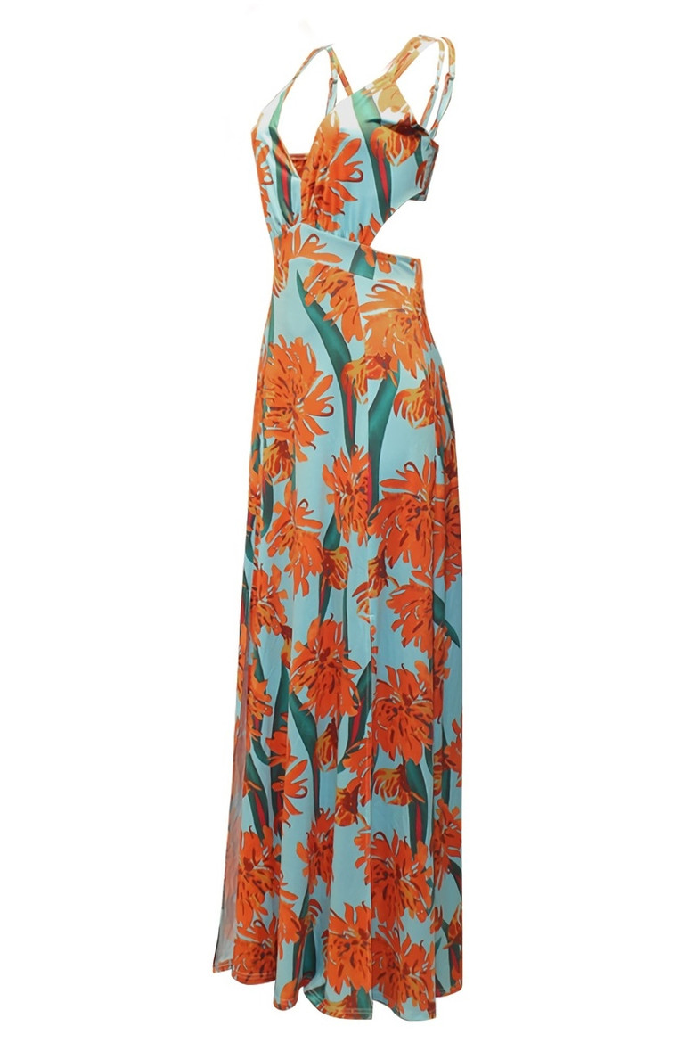 S-2Xl Plus Size Summer New Stylish Stretch Flower Printing Crossed Sling Lace-Up Backless Split Sexy Maxi Dress