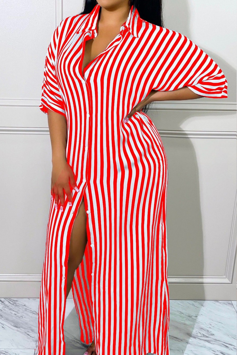 S-2Xl Plus Size Summer New Stylish Two Colors Striped Printing Lapel Short Sleeve With Pocket Button Casual Maxi Dress