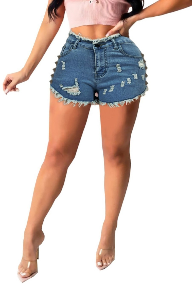 S-2Xl Plus Size Summer New Two Colors Micro Elastic Zip-Up Pocket Button Slim Fashion Denim Shorts