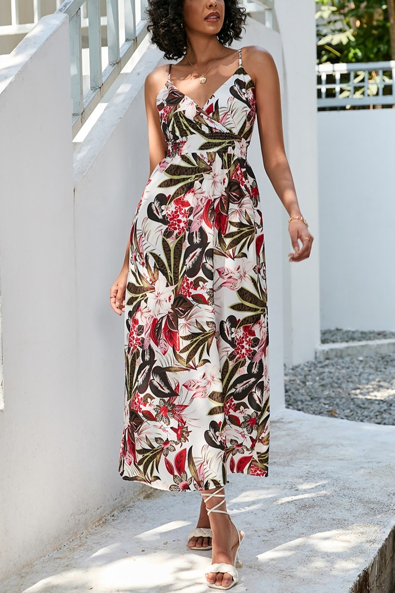 S-2Xl Summer New Floral Batch Printing Micro-Elastic Swing Bohemian Spaghetti String Midi Dress