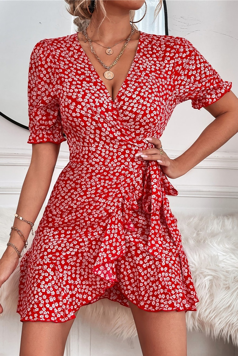 S-2Xl Summer New Plus Size 3 Colors Floral Printing Inelastic V-Neck Tie-Waist Ruffle Stylish Vacation Style Mini Dress