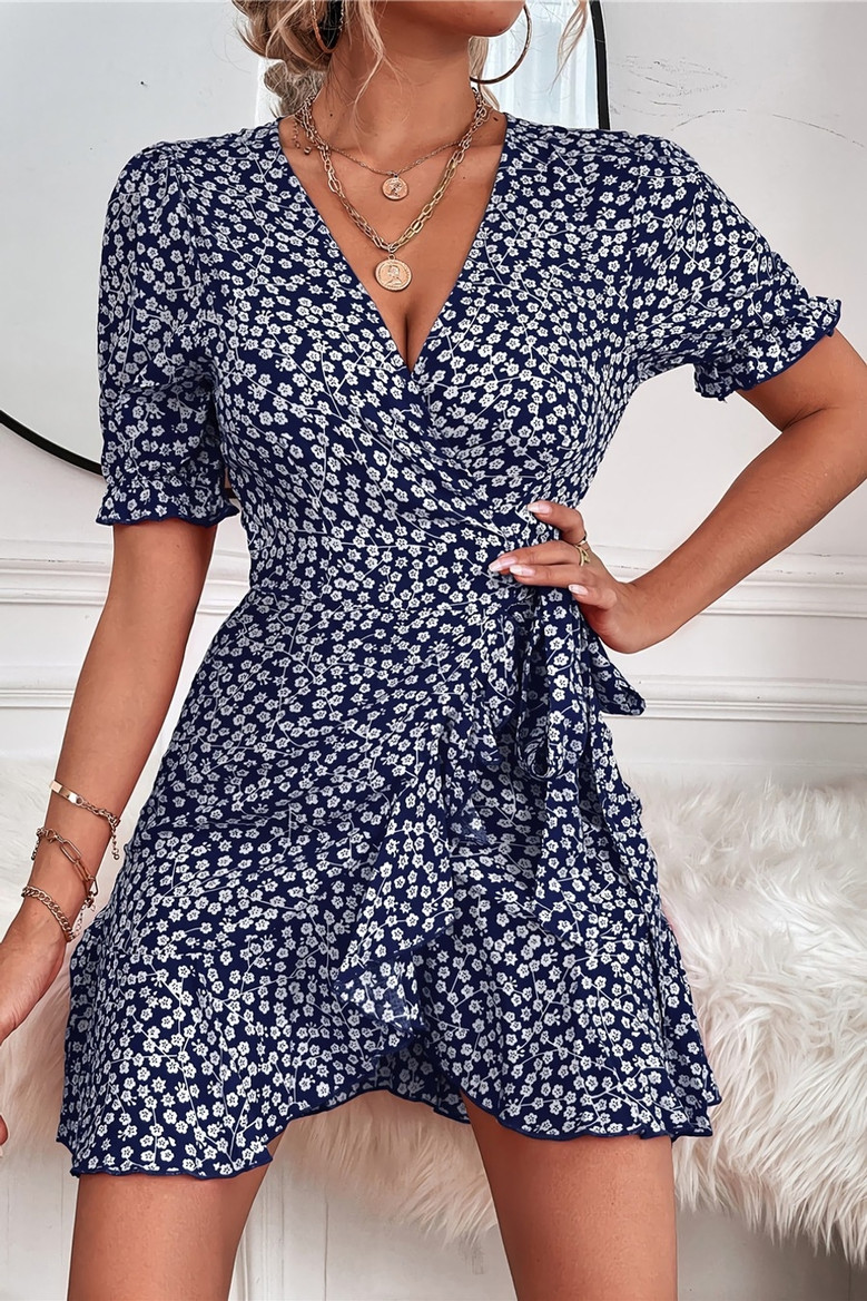 S-2Xl Summer New Plus Size 3 Colors Floral Printing Inelastic V-Neck Tie-Waist Ruffle Stylish Vacation Style Mini Dress