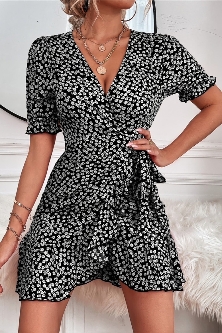 S-2Xl Summer New Plus Size 3 Colors Floral Printing Inelastic V-Neck Tie-Waist Ruffle Stylish Vacation Style Mini Dress