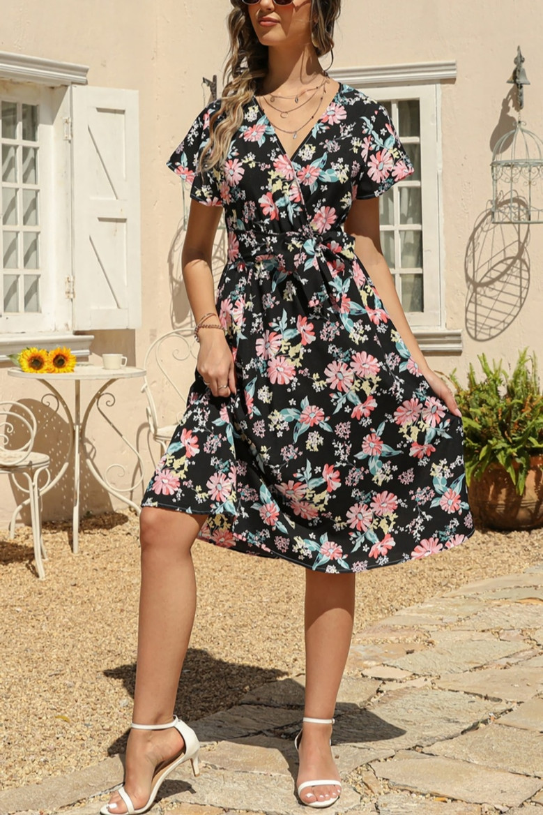 S-2Xl Summer New Plus Size 4 Colors Flower Batch Printing Inelastic Chiffon V-Neck Stylish Vacation Style Midi Dress With Belt