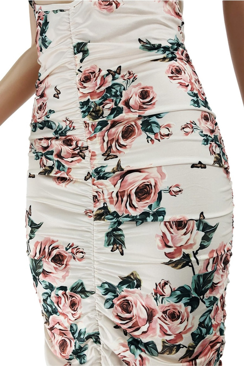S-2Xl Summer New Plus Size Allover Flower Batch Printing Stretch Halter-Neck Lace-Up Hollow Shirring Sexy Bodycon Maxi Dress