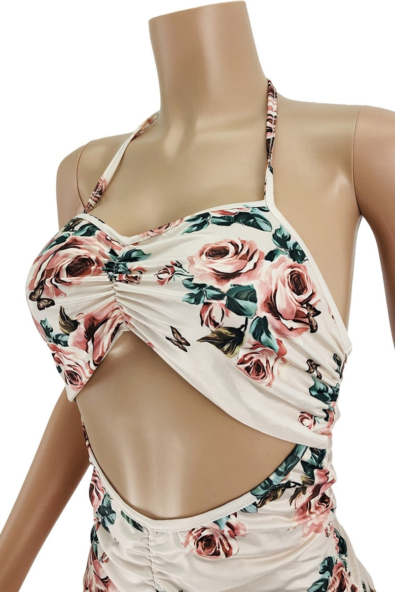 S-2Xl Summer New Plus Size Allover Flower Batch Printing Stretch Halter-Neck Lace-Up Hollow Shirring Sexy Bodycon Maxi Dress