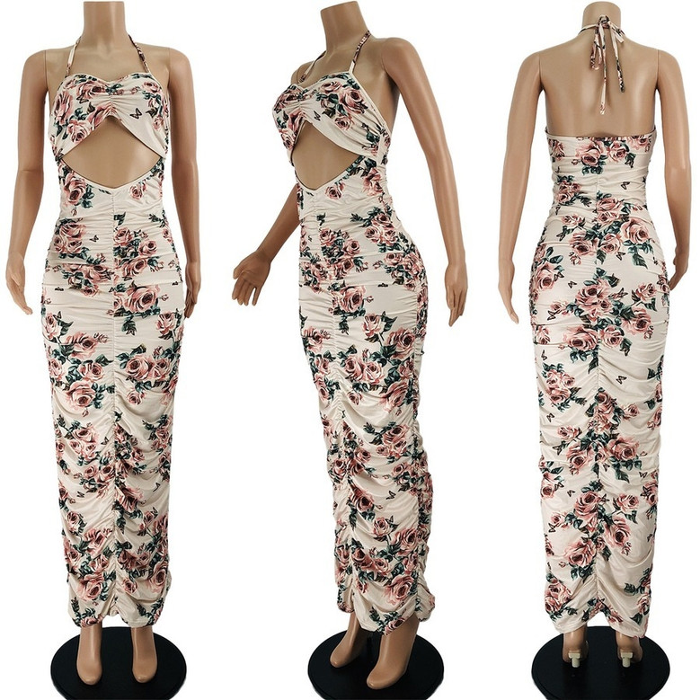 S-2Xl Summer New Plus Size Allover Flower Batch Printing Stretch Halter-Neck Lace-Up Hollow Shirring Sexy Bodycon Maxi Dress