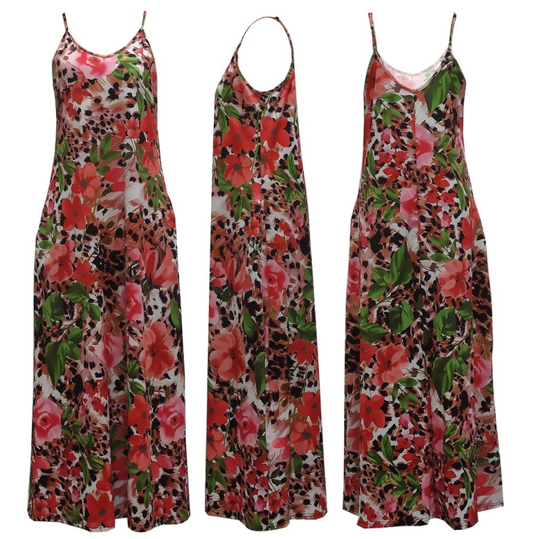 S-2Xl Summer New Plus Size Allover Leopard & Flower Batch Printing Stretch Sling Pockets Loose Stylish Casual Maxi Dress