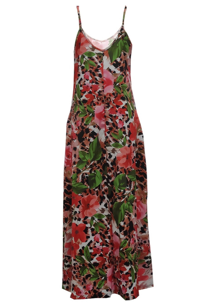S-2Xl Summer New Plus Size Allover Leopard & Flower Batch Printing Stretch Sling Pockets Loose Stylish Casual Maxi Dress