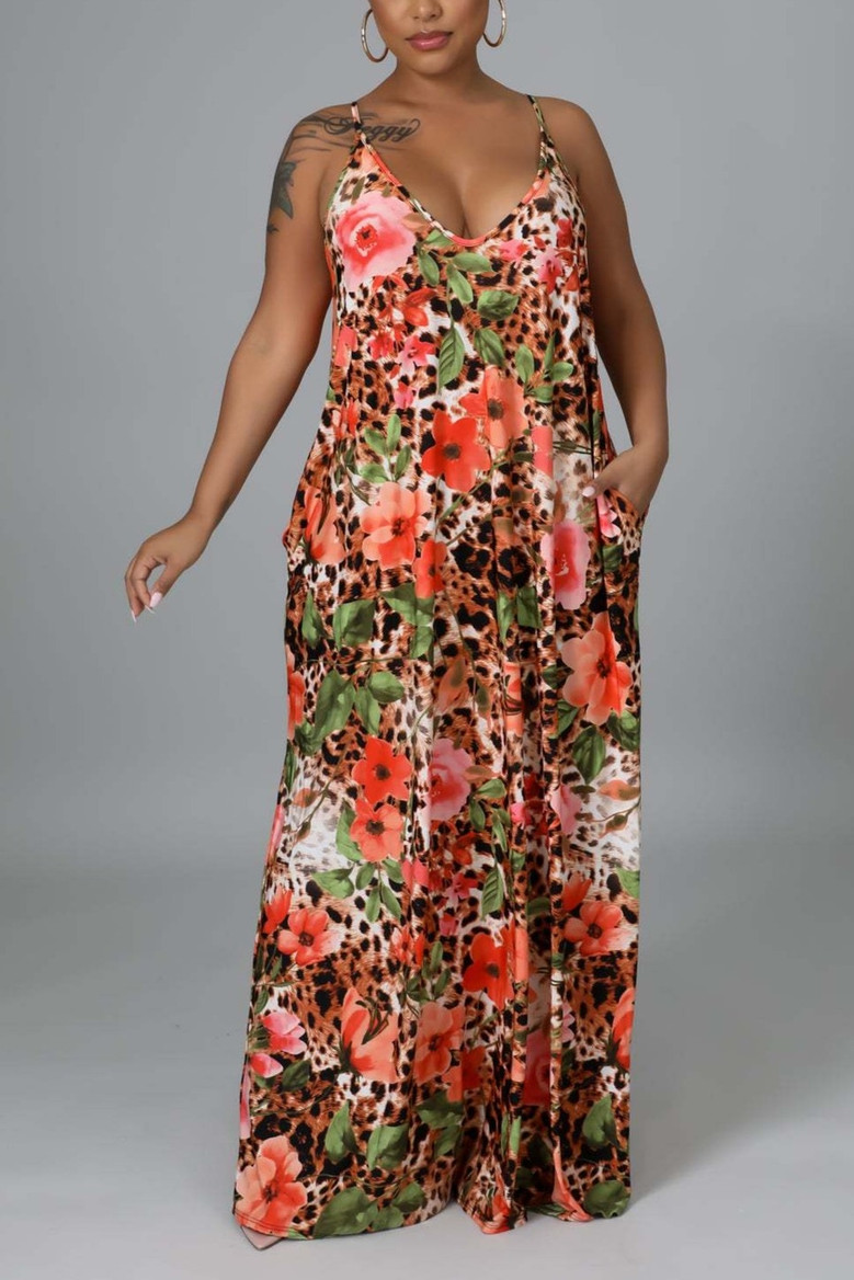 S-2Xl Summer New Plus Size Allover Leopard & Flower Batch Printing Stretch Sling Pockets Loose Stylish Casual Maxi Dress