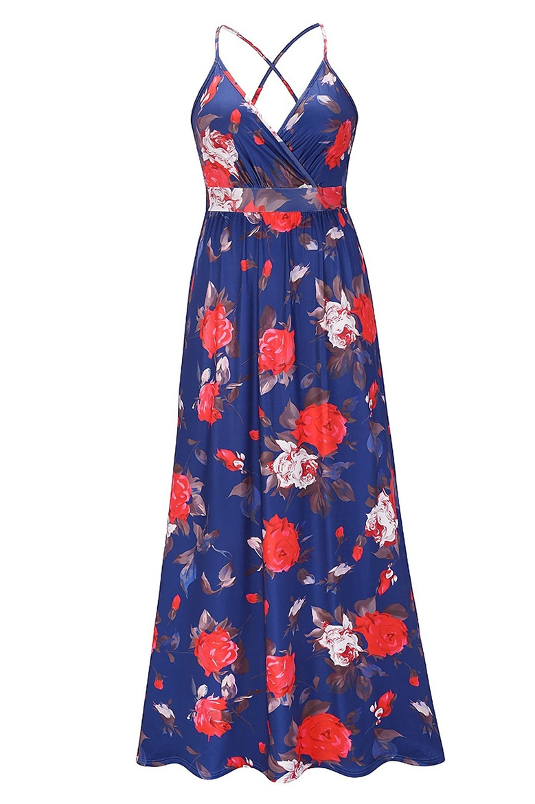 S-2Xl Summer New Plus Size Flower Batch Printing Stretch Backless Adjustable Straps Stylish Bohemia Vacation Style Maxi Dress