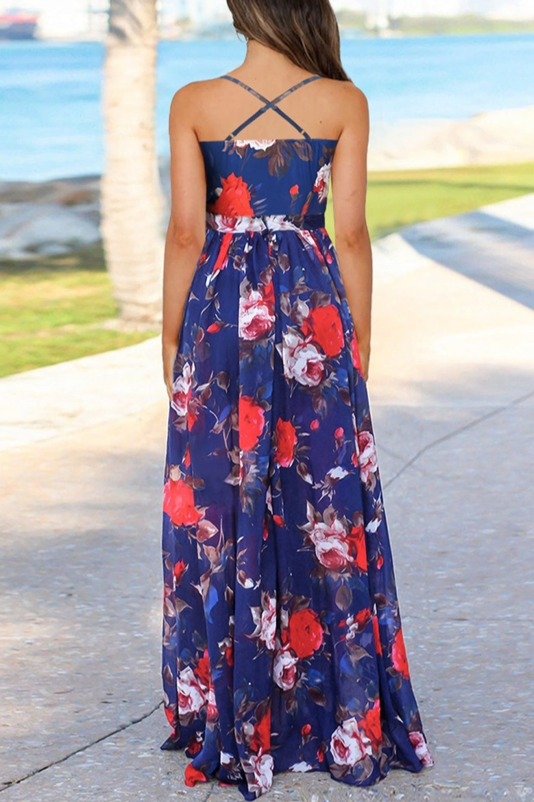 S-2Xl Summer New Plus Size Flower Batch Printing Stretch Backless Adjustable Straps Stylish Bohemia Vacation Style Maxi Dress