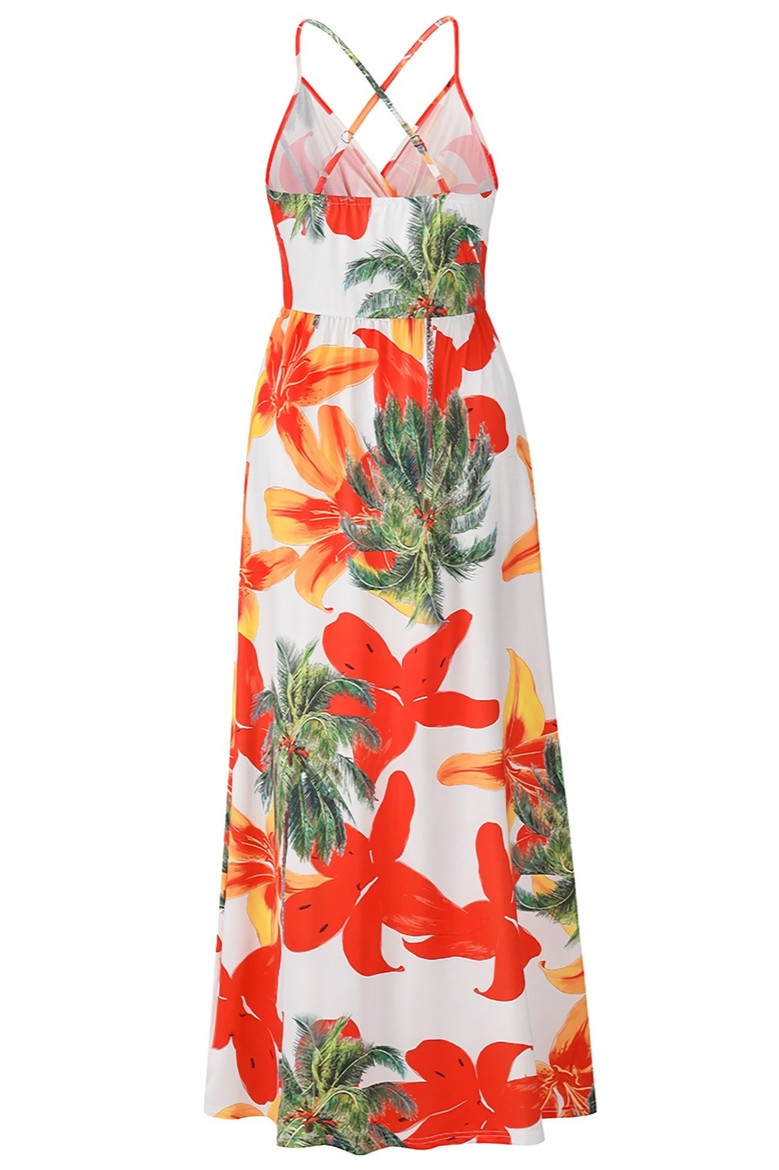 S-2Xl Summer New Plus Size Flower & Coconut Tree Batch Printing Stretch Backless Crossed Sling Stylish Tropical Vacation Style Maxi Dress