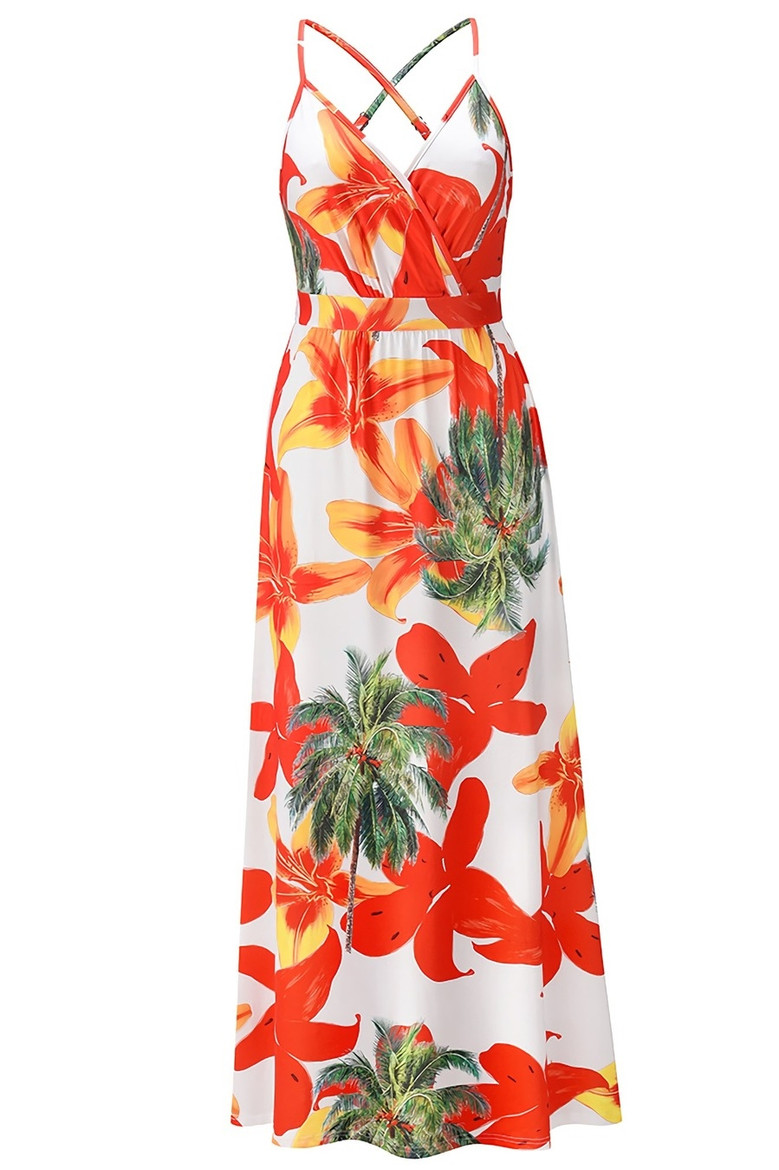 S-2Xl Summer New Plus Size Flower & Coconut Tree Batch Printing Stretch Backless Crossed Sling Stylish Tropical Vacation Style Maxi Dress